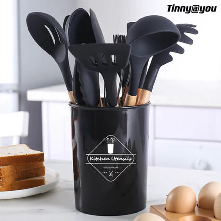 Kit Jogo Com 12 Peças Utensílios De Cozinha Colheres Espatula Silicone Cabo Madeira